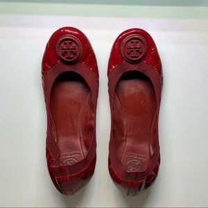 Red Tory Burch flats with red logo